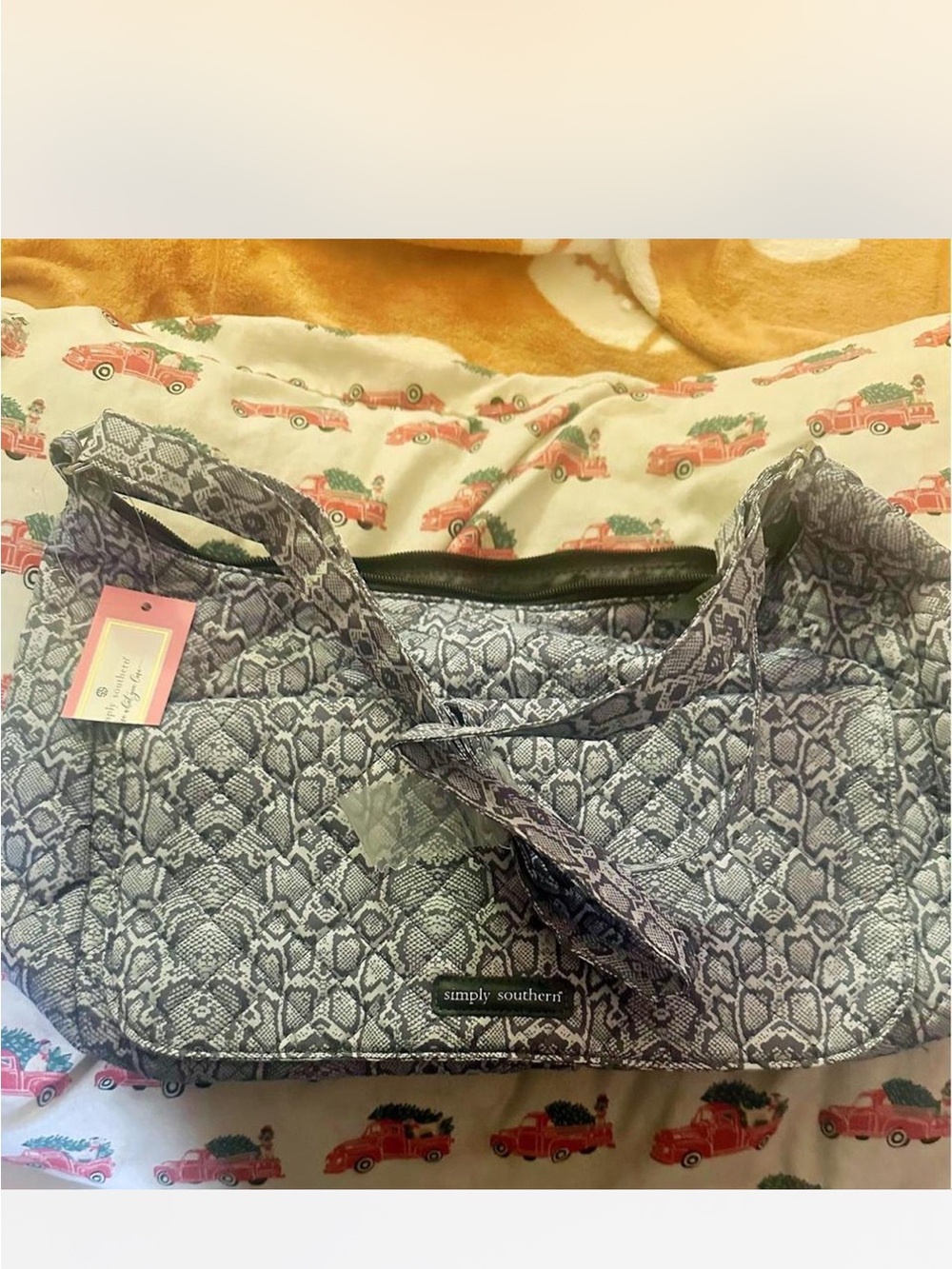 Simply Southern Gray Snake-Print Quilted Shoulder Bag with huge front pocket NWT